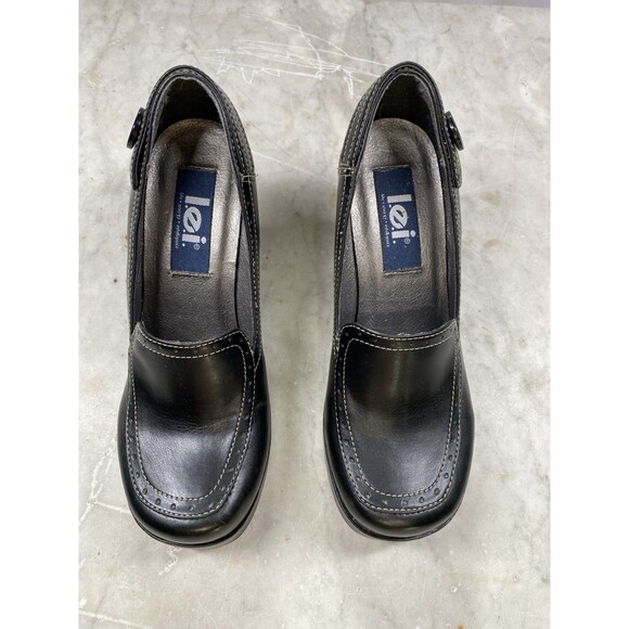 Vtg l.e.i. Platform Loafer Heels Women’s 6.5 Black Faux Leather 90’s Y2K - Picture 2 of 10